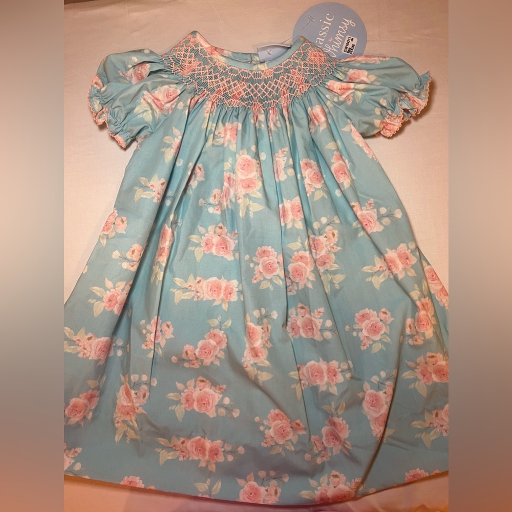 NWT Classic Wimsy smocked 18 month dress blue with pink flowers